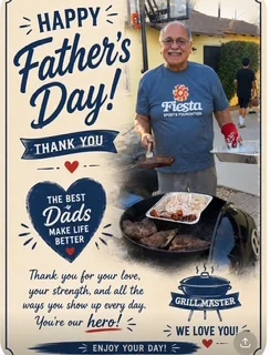 Harry Garewal smiling beside a barbecue grill in a Father's Day tribute